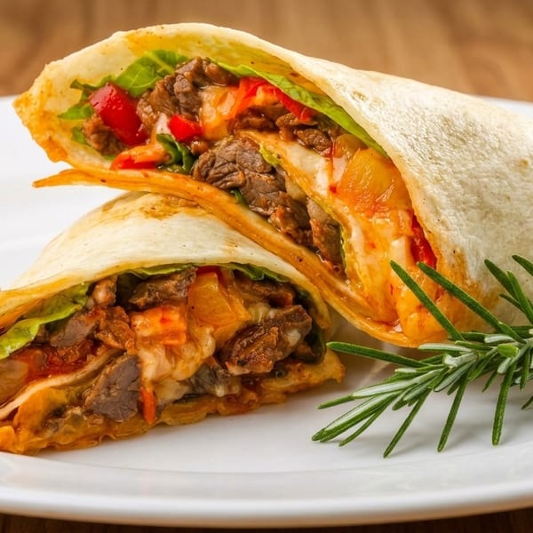 Two halves of a beef and vegetable wrap, garnished with rosemary, on a white plate.