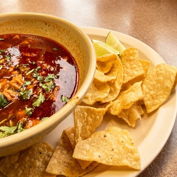 A bowl of red pozole soup with cilantro and a side of tortilla chips and lime wedges.