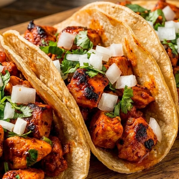 Three chicken tacos with diced onions and cilantro on a wooden board.