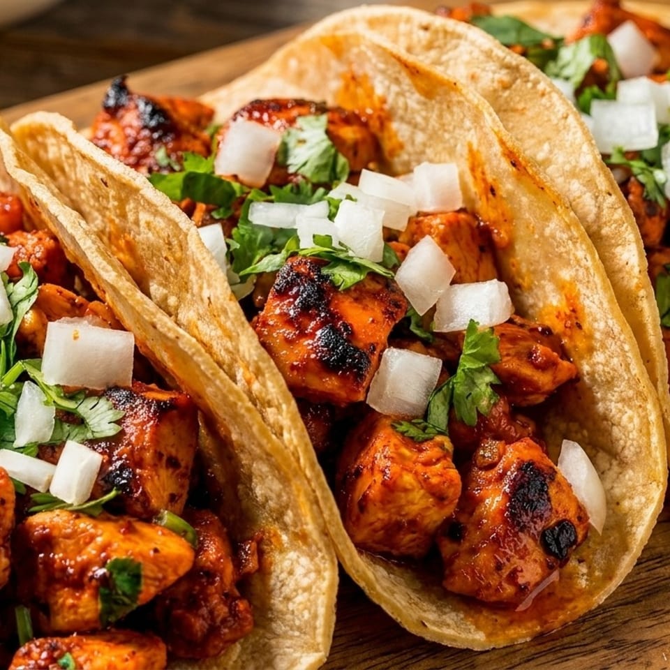 Three chicken tacos with diced onions and cilantro on a wooden board.