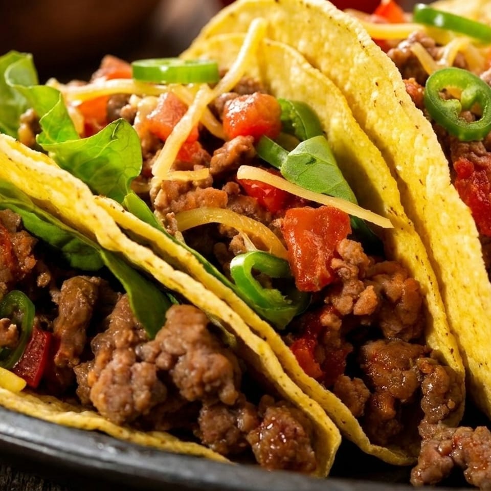 Three hard-shell tacos filled with seasoned ground beef, shredded cheese, lettuce, tomatoes, and jalapeños.