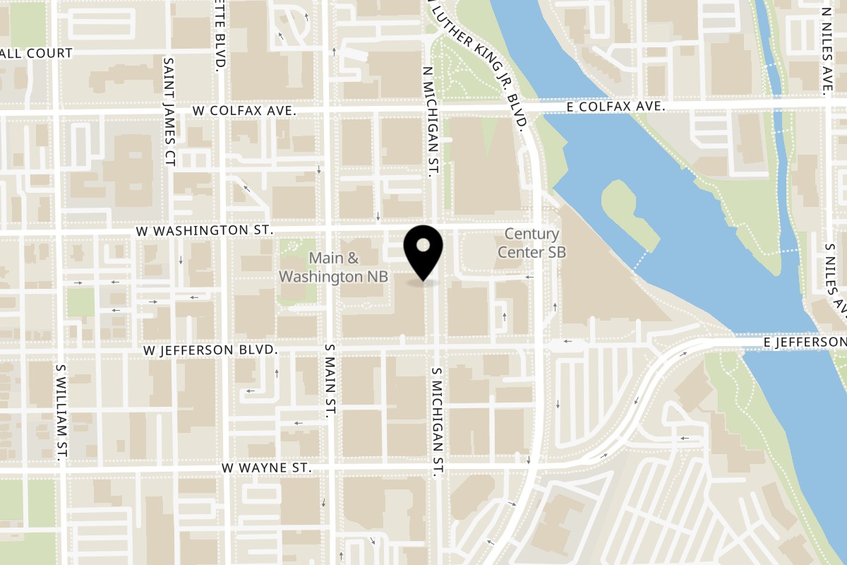 Map showing the location of Franky's Tacos Franky's XPress on 117 S Michigan St in South Bend